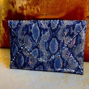 BCBG Maxazria Navy sequin embossed snakeskin design clutch